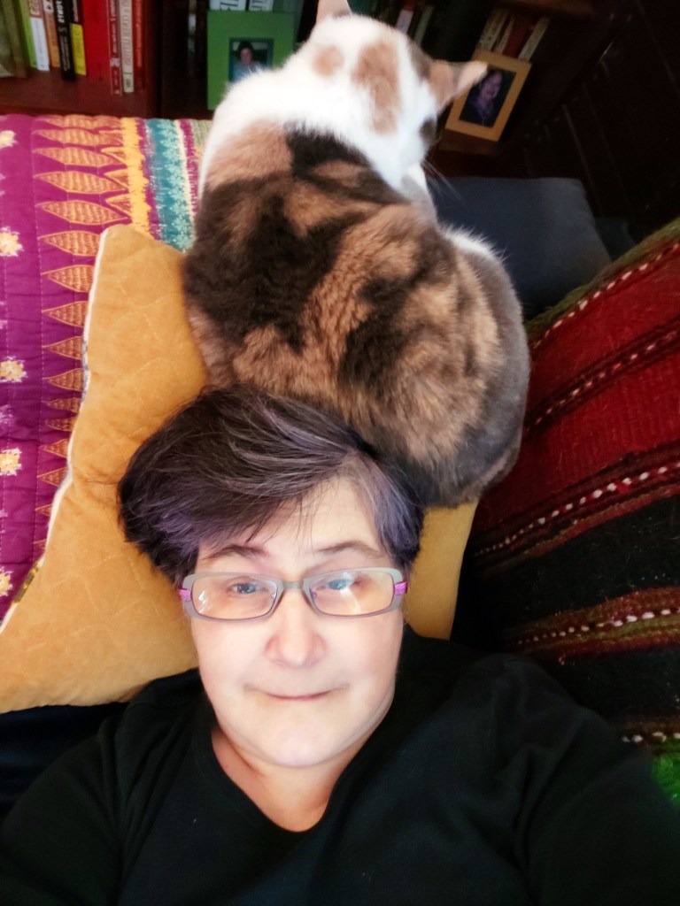 Woman with short hair and glasses on a colorful background with a calico cat lying on a pillow against her head.